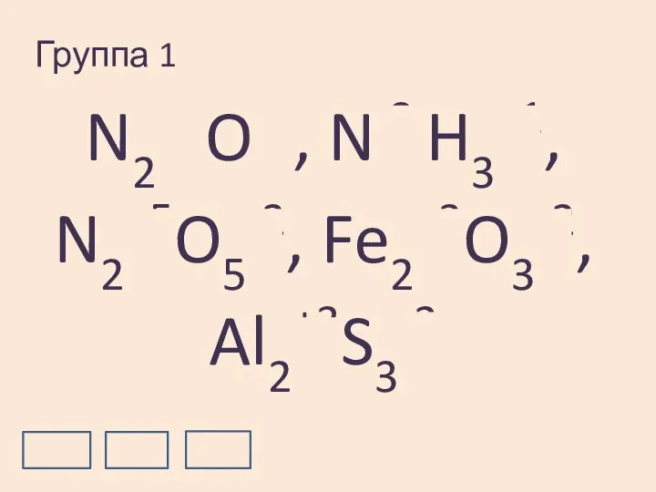 Группа 1 N2+1O-2, N-3 H3+1, N2+5O5-2, Fe2+3O3-2, Al2+3S3-2