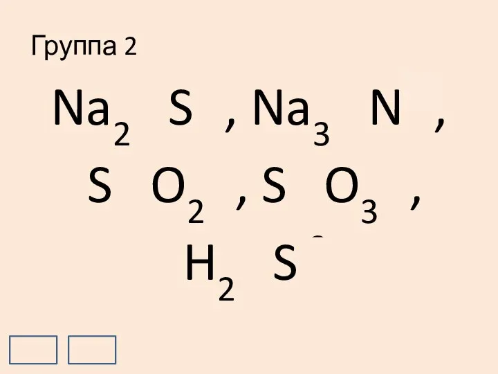 Группа 2 Na2+1S-2, Na3+1N-3, S+4O2-2, S+6O3-2, H2+1S-2