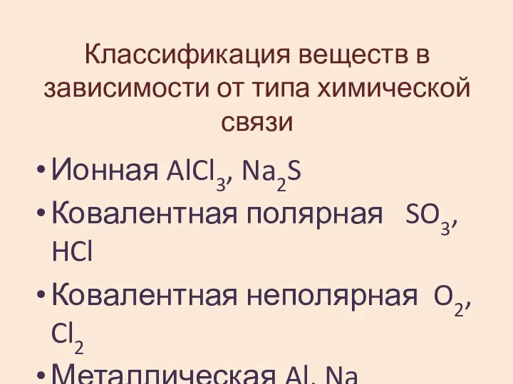 Классификация веществ в зависимости от типа химической связи Ионная AlCl3, Na2S