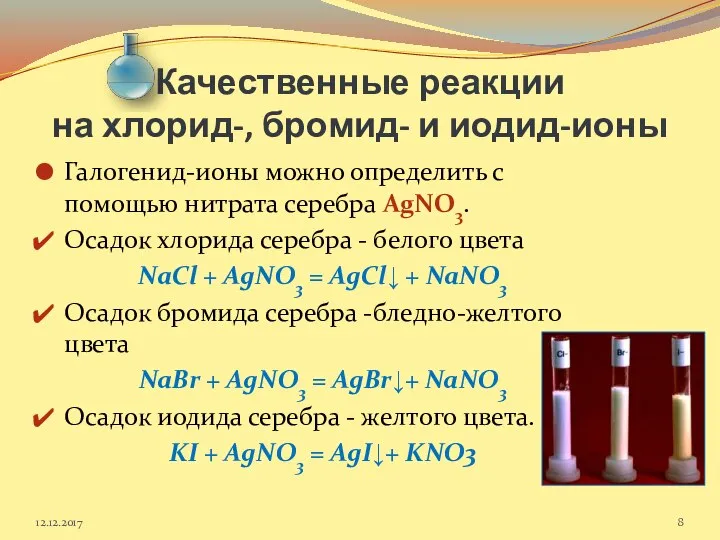 Качественные реакции на хлорид-, бромид- и иодид-ионы Галогенид-ионы можно определить с