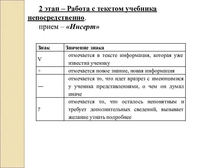 2 этап – Работа с текстом учебника непосредственно. прием – «Инсерт»