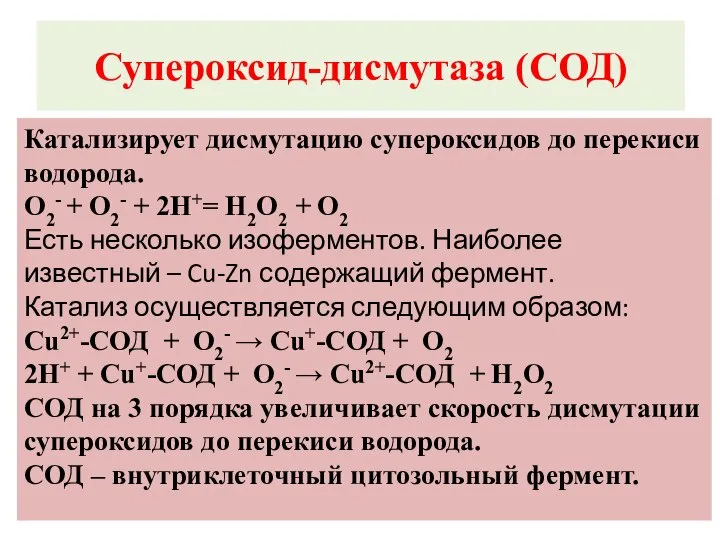 Супероксид-дисмутаза (СОД) Катализирует дисмутацию супероксидов до перекиси водорода. О2- + О2-