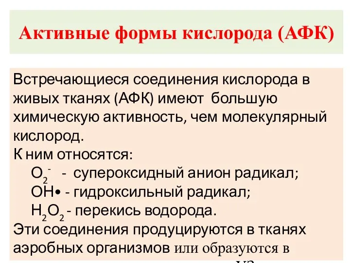 Активные формы кислорода (АФК) Встречающиеся соединения кислорода в живых тканях (АФК)