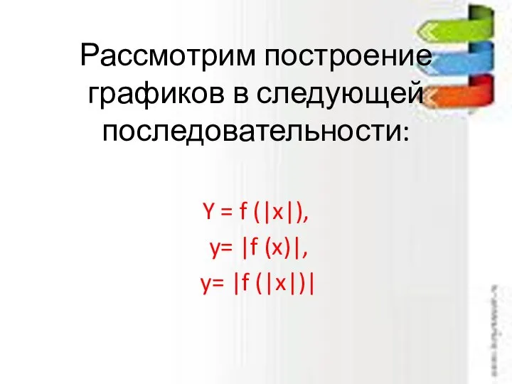 Рассмотрим построение графиков в следующей последовательности: Y = f (|x|), y= |f (x)|, y= |f (|x|)|