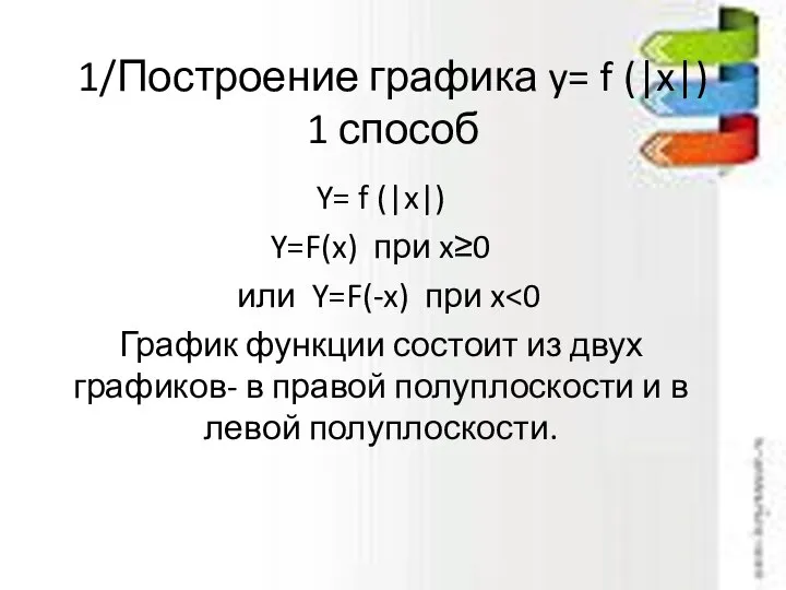 1/Построение графика y= f (|x|) 1 способ Y= f (|x|) Y=F(x)