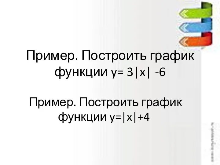 Пример. Построить график функции y= 3|x| -6 Пример. Построить график функции y=|x|+4