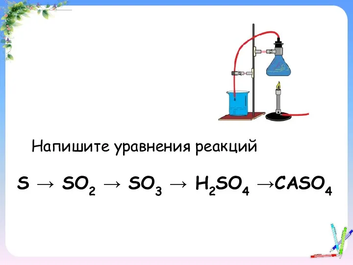 S → SO2 → SO3 → H2SO4 →CASO4 Напишите уравнения реакций