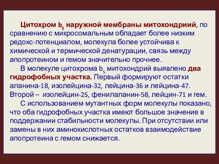 Цитохром b5 наружной мембраны митохондриий, по сравнению с микросомальным обладает более