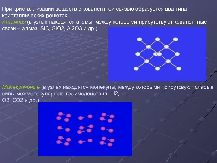 При кристаллизации веществ с ковалентной связью образуется два типа кристаллических решеток: