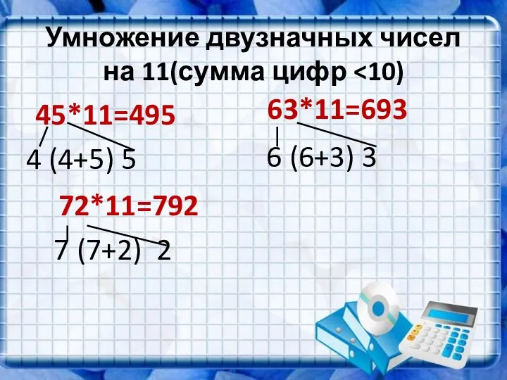 Умножение двузначных чисел на 11(сумма цифр 45*11=495 4 (4+5) 5 72*11=792