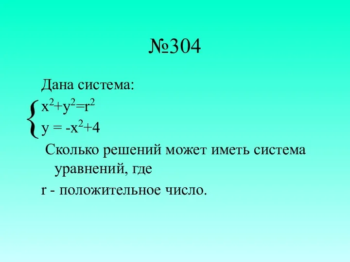 №304 Дана система: x2+y2=r2 y = -x2+4 Сколько решений может иметь