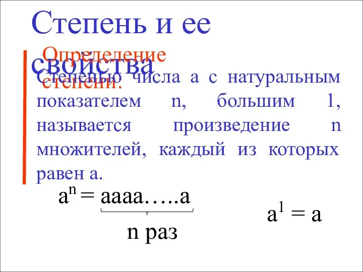 Степень и ее свойства Определение степени: а1 = а