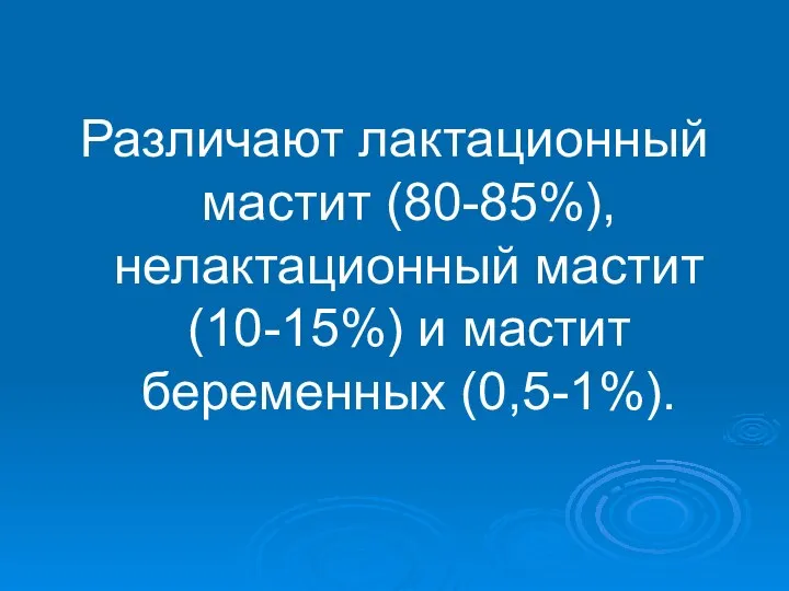 Различают лактационный мастит (80-85%), нелактационный мастит (10-15%) и мастит беременных (0,5-1%).