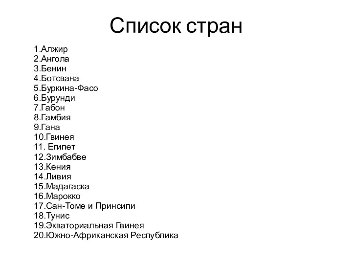 Список стран 1.Алжир 2.Ангола 3.Бенин 4.Ботсвана 5.Буркина-Фасо 6.Бурунди 7.Габон 8.Гамбия 9.Гана