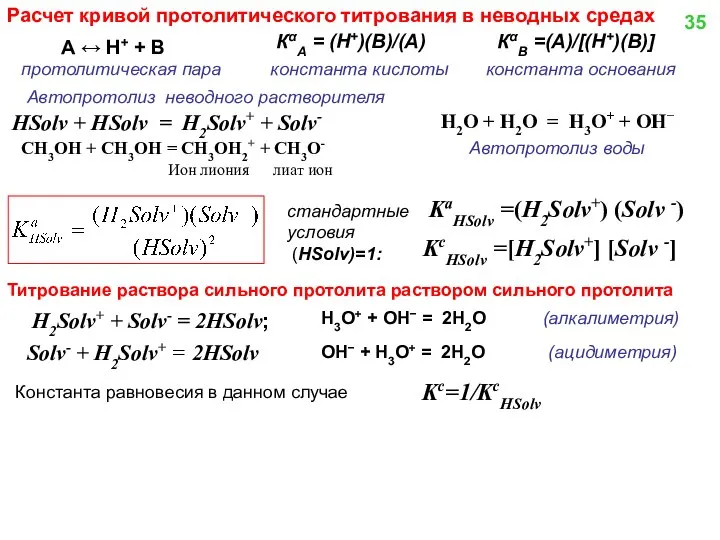 А ↔ H+ + В протолитическая пара КαA = (Н+)(В)/(А) константа