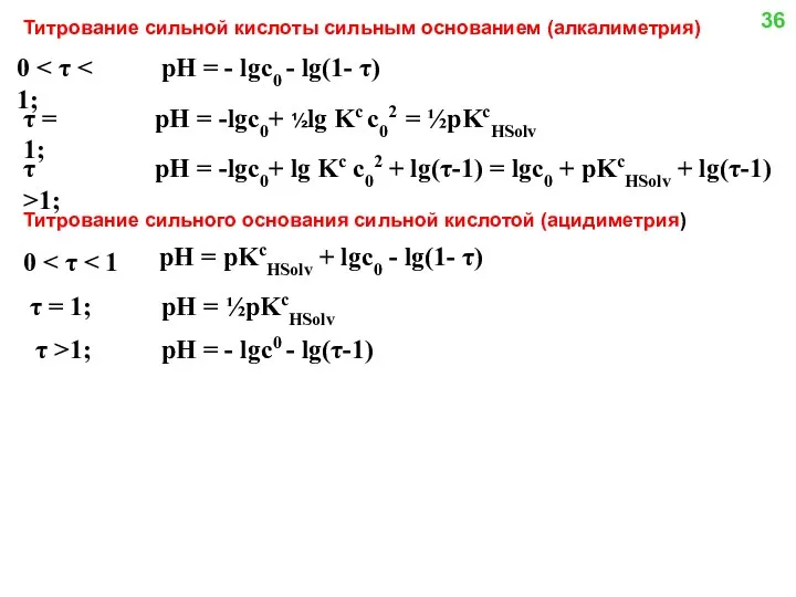 0 τ = 1; τ >1; pH = - lgc0 -