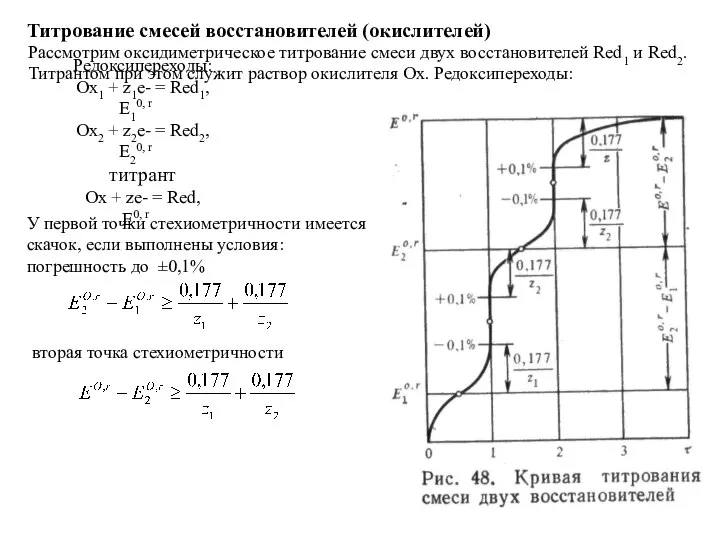 Титрование смесей восстановителей (окислителей) Рассмотрим оксидиметрическое титрование смеси двух восстановителей Red1