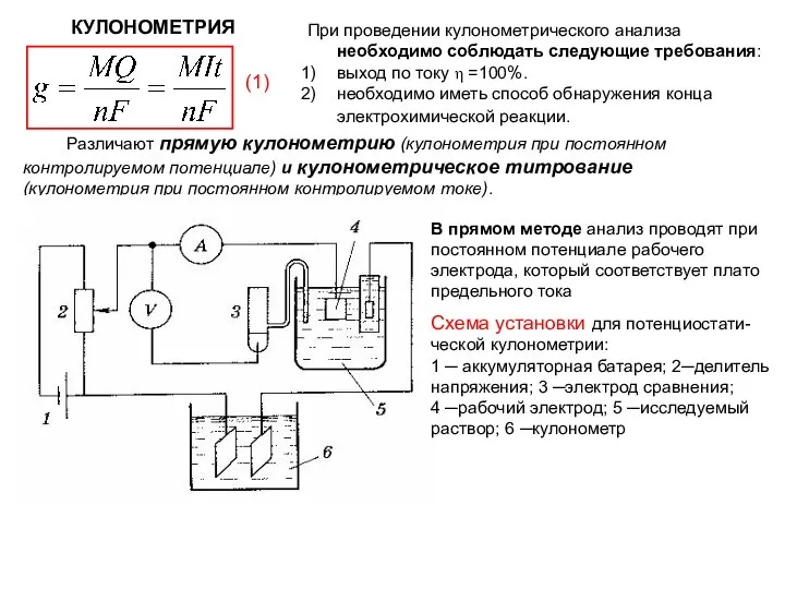 КУЛОНОМЕТРИЯ При проведении кулонометрического анализа необходимо соблюдать следующие требования: выход по