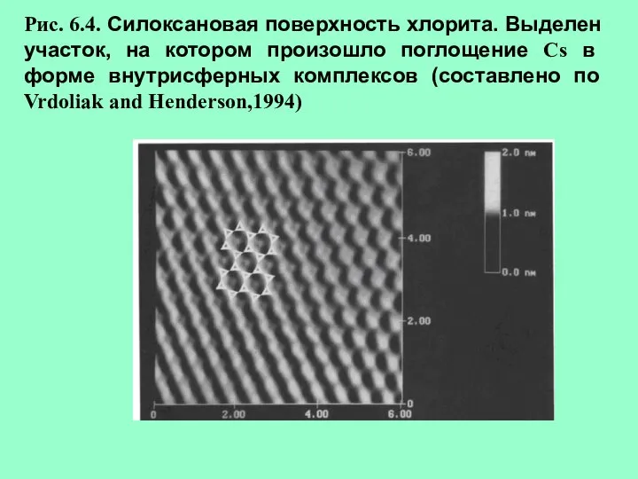 Рис. 6.4. Силоксановая поверхность хлорита. Выделен участок, на котором произошло поглощение