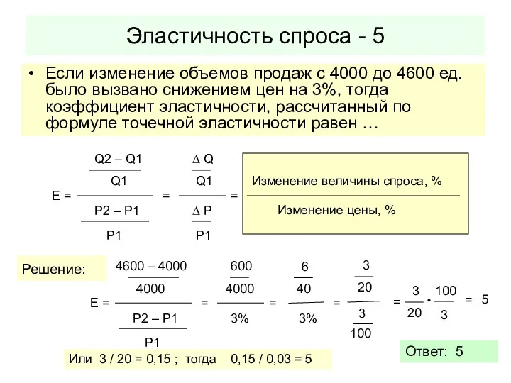 Эластичность спроса - 5 Если изменение объемов продаж с 4000 до