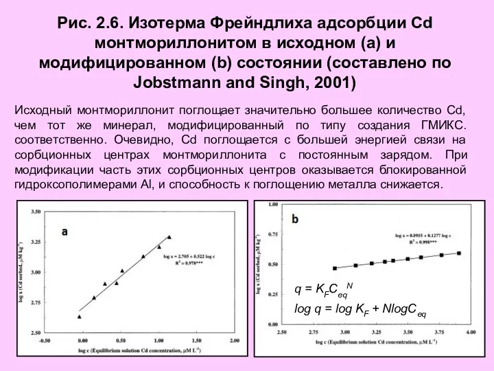 Рис. 2.6. Изотерма Фрейндлиха адсорбции Cd монтмориллонитом в исходном (a) и