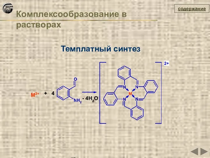 Комплексообразование в растворах содержание Темплатный синтез M2+ M + 4 - 4H2O