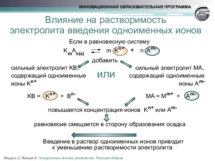 Если в равновесную систему KmAn(к) m Kn+ + n Am- добавить