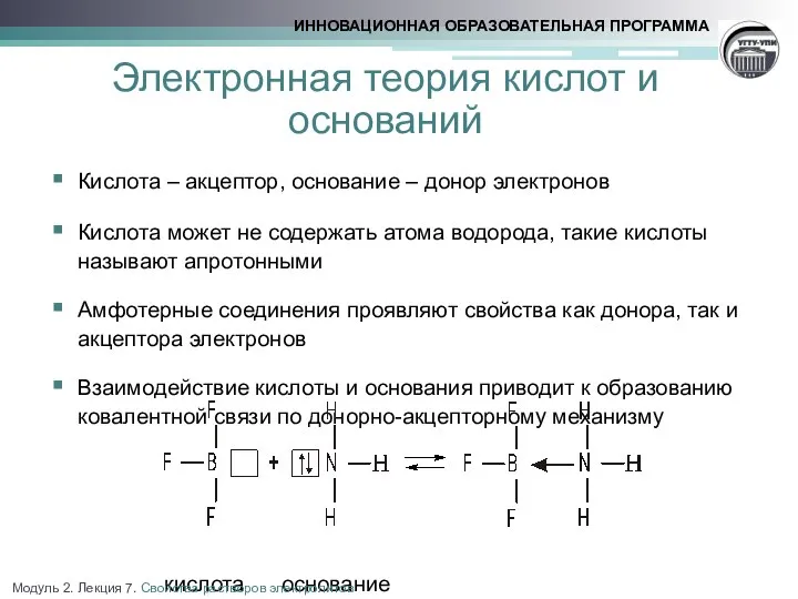 Электронная теория кислот и оснований Кислота – акцептор, основание – донор