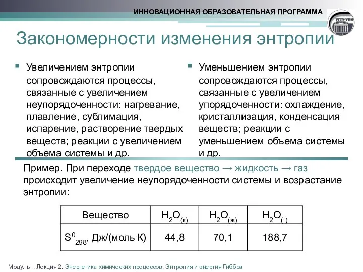 Уменьшением энтропии сопровождаются процессы, связанные с увеличением упорядоченности: охлаждение, кристаллизация, конденсация