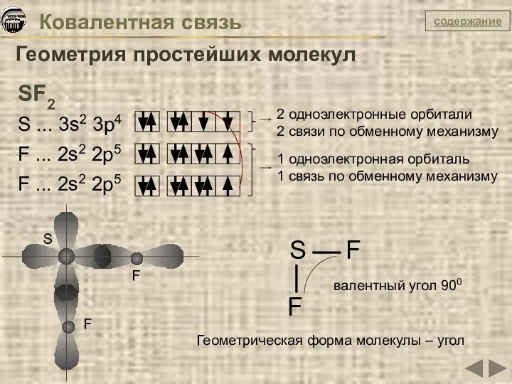 Ковалентная связь Геометрия простейших молекул SF2 S ... 3s2 3p4 F