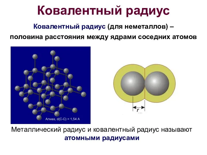 Ковалентный радиус Ковалентный радиус (для неметаллов) – половина расстояния между ядрами