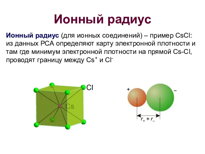 Ионный радиус Ионный радиус (для ионных соединений) – пример CsCl: из