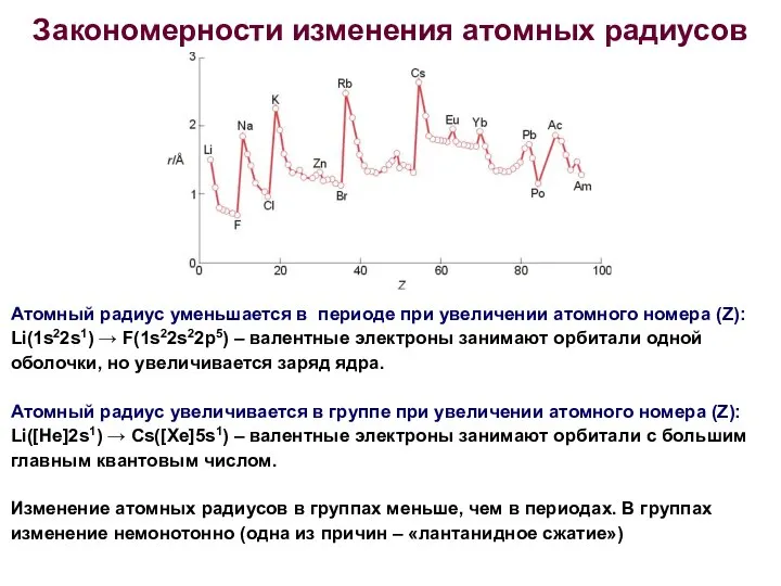 Закономерности изменения атомных радиусов Атомный радиус уменьшается в периоде при увеличении