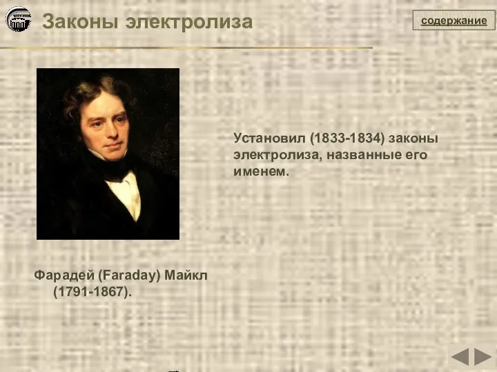 Законы электролиза содержание Установил (1833-1834) законы электролиза, названные его именем. Фарадей (Faraday) Майкл (1791-1867).