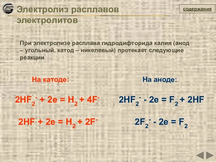 Электролиз расплавов электролитов содержание При электролизе расплава гидродифторида калия (анод –