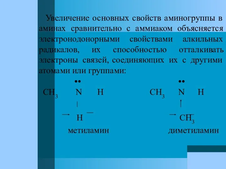 Увеличение основных свойств аминогруппы в аминах сравнительно с аммиаком объясняется электронодонорными