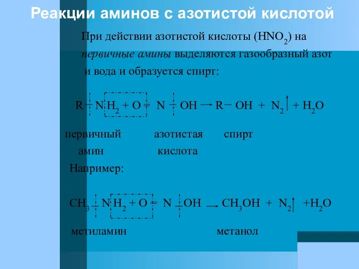 Реакции аминов с азотистой кислотой При действии азотистой кислоты (HNO2) на