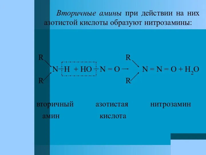 Вторичные амины при действии на них азотистой кислоты образуют нитрозамины: R