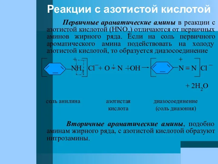 Реакции с азотистой кислотой Первичные ароматические амины в реакции с азотистой