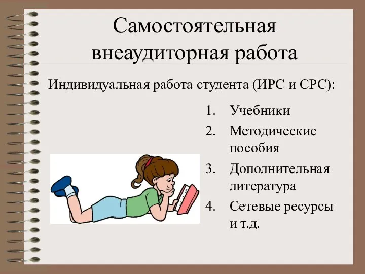 Самостоятельная внеаудиторная работа Учебники Методические пособия Дополнительная литература Сетевые ресурсы и