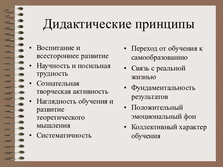 Дидактические принципы Воспитание и всестороннее развитие Научность и посильная трудность Сознательная