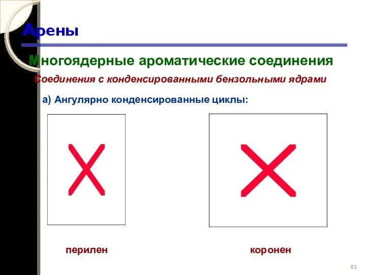 Арены Многоядерные ароматические соединения Соединения с конденсированными бензольными ядрами а) Ангулярно конденсированные циклы: перилен коронен