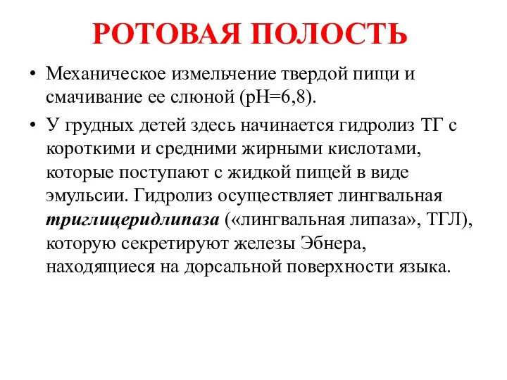 РОТОВАЯ ПОЛОСТЬ Механическое измельчение твердой пищи и смачивание ее слюной (рН=6,8).