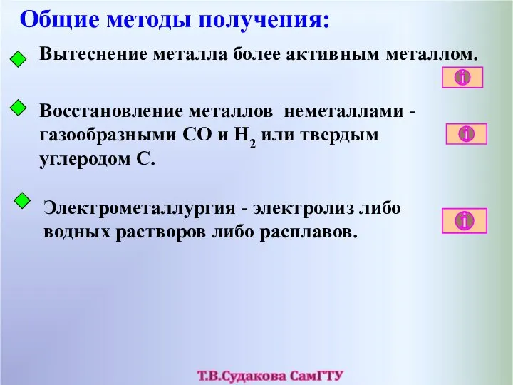 Общие методы получения: Вытеснение металла более активным металлом. Восстановление металлов неметаллами