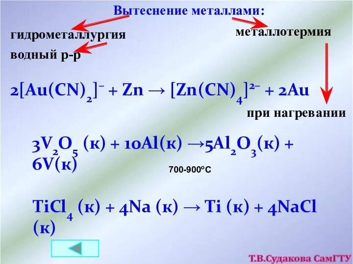 3V2O5 (к) + 10Al(к) →5Al2O3(к) + 6V(к) TiCl4 (к) + 4Na