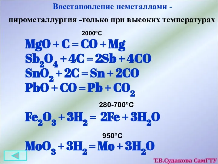 Восстановление неметаллами - пирометаллургия -только при высоких температурах MgO + C