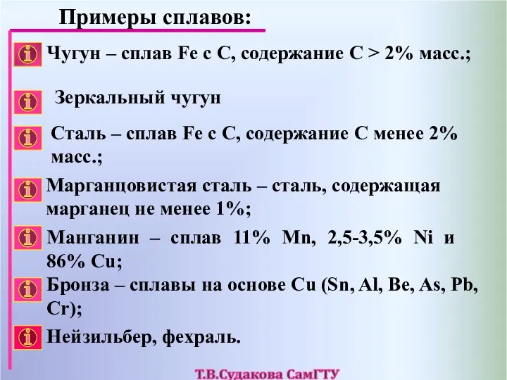 Манганин – сплав 11% Mn, 2,5-3,5% Ni и 86% Cu; Примеры