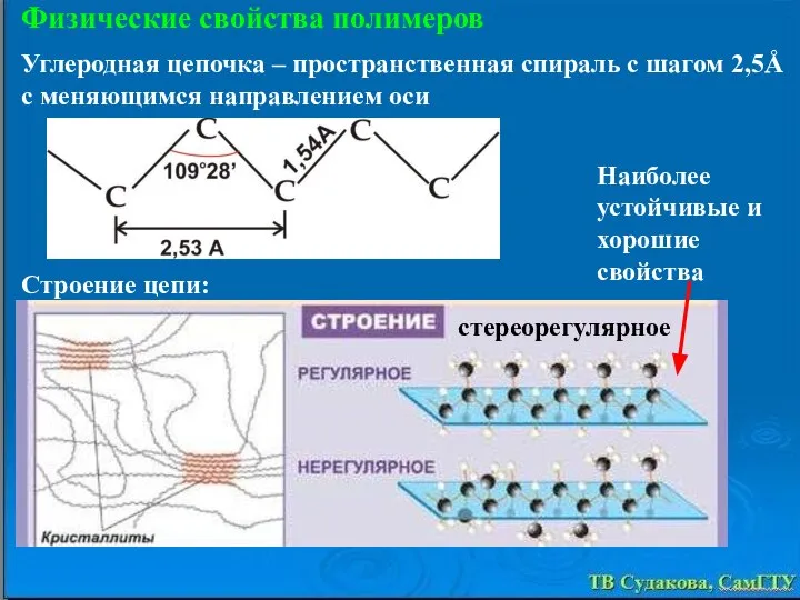 Физические свойства полимеров Углеродная цепочка – пространственная спираль с шагом 2,5Å