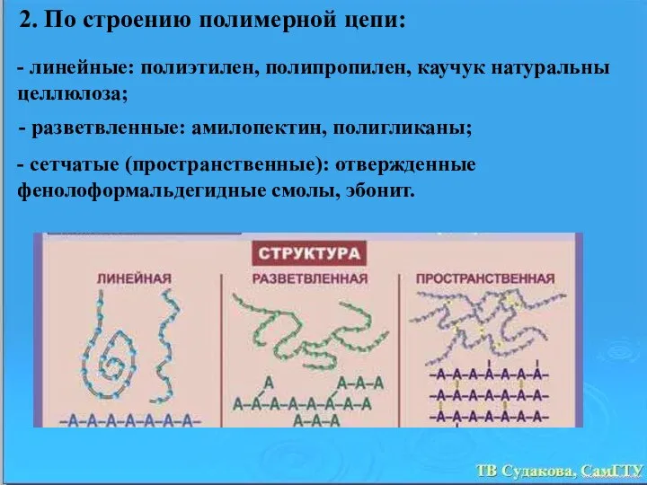 2. По строению полимерной цепи: - линейные: полиэтилен, полипропилен, каучук натуральны