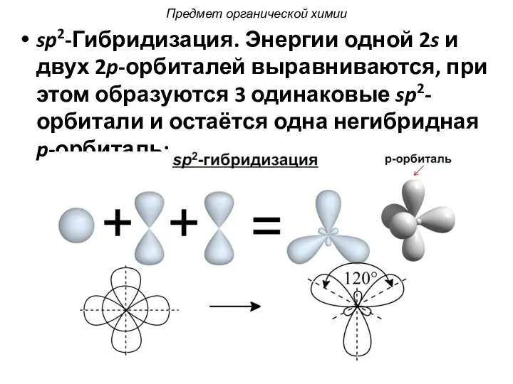 sp2-Гибридизация. Энергии одной 2s и двух 2p-орбиталей выравниваются, при этом образуются